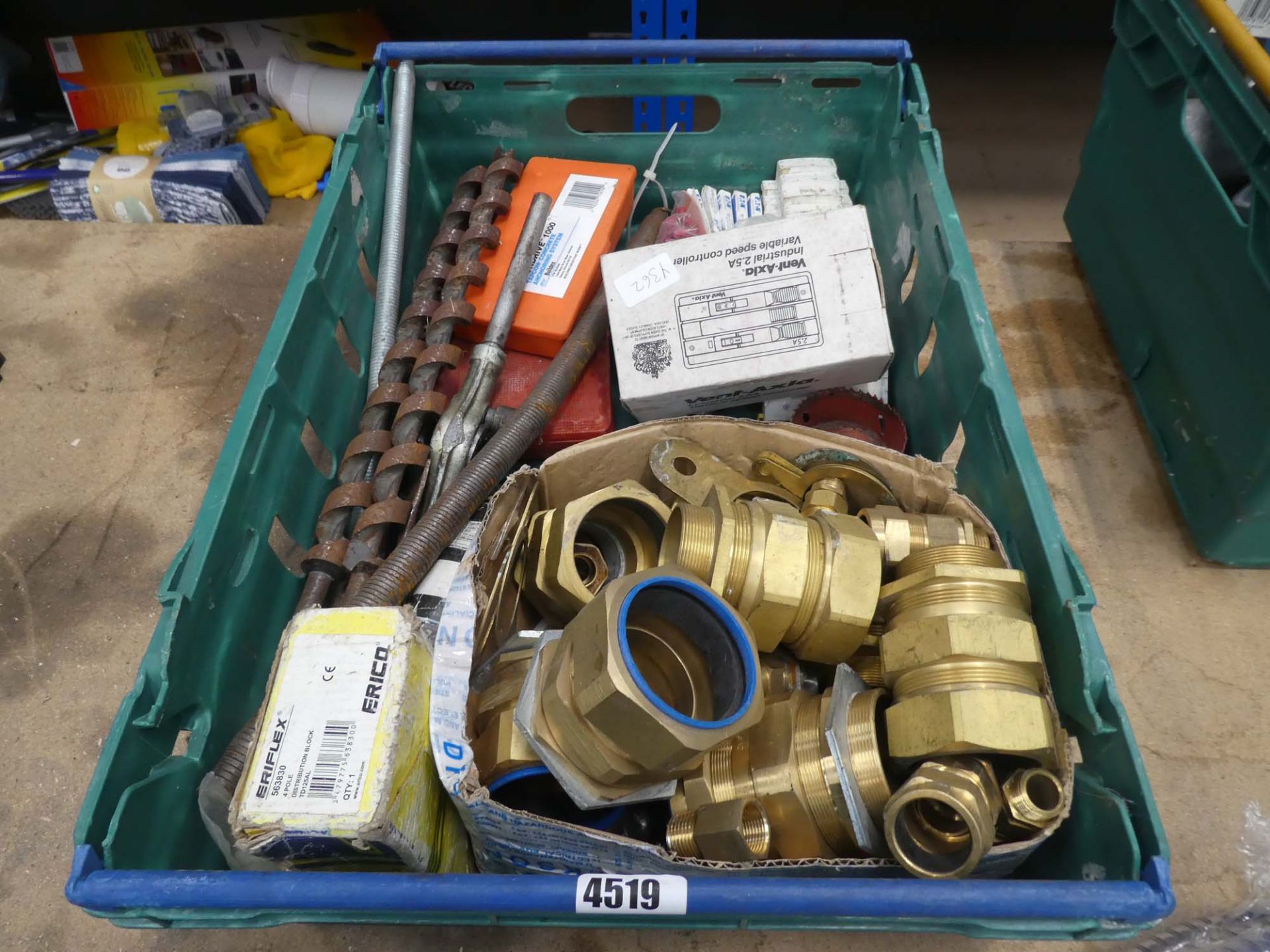 Box of assorted items to incl. large brass fittings, fuses, drills etc.