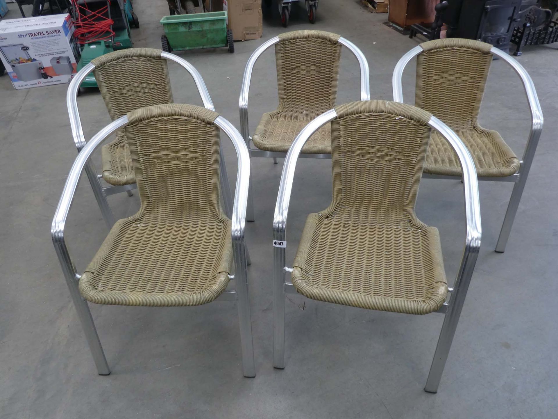 6 aluminium framed stacking chairs with rattan seating