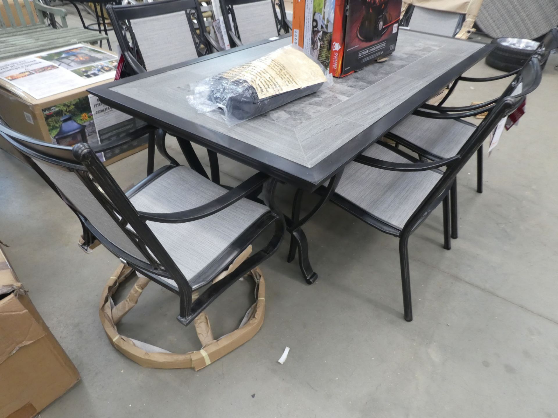 Large tile topped rectangular garden table with 4 stationery chairs and 2 swivel chairs plus cover - Image 2 of 2
