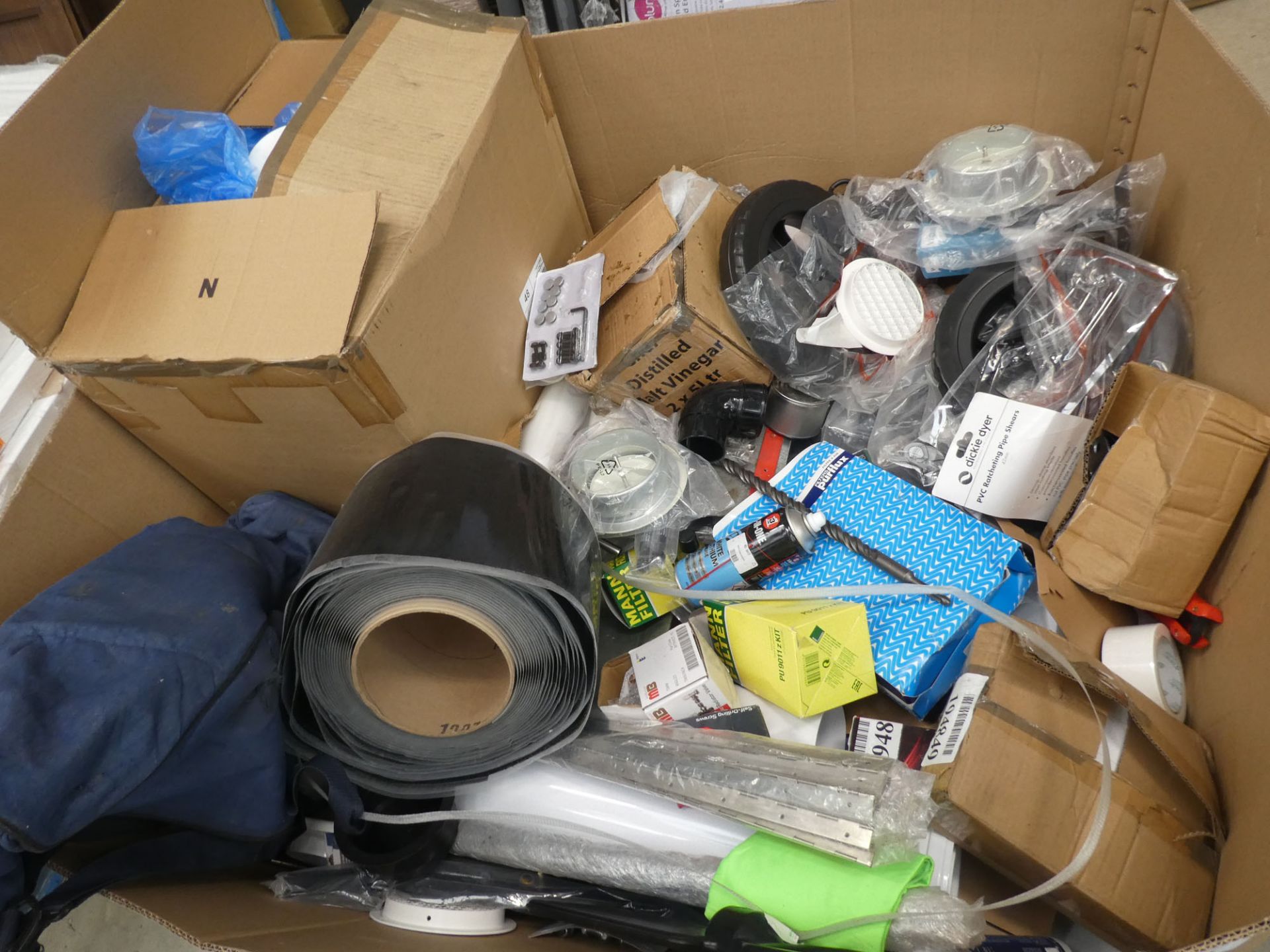 Pallet of items to inc. wheels, pipes, filters, tape, drill bits, silicone, grease, etc
