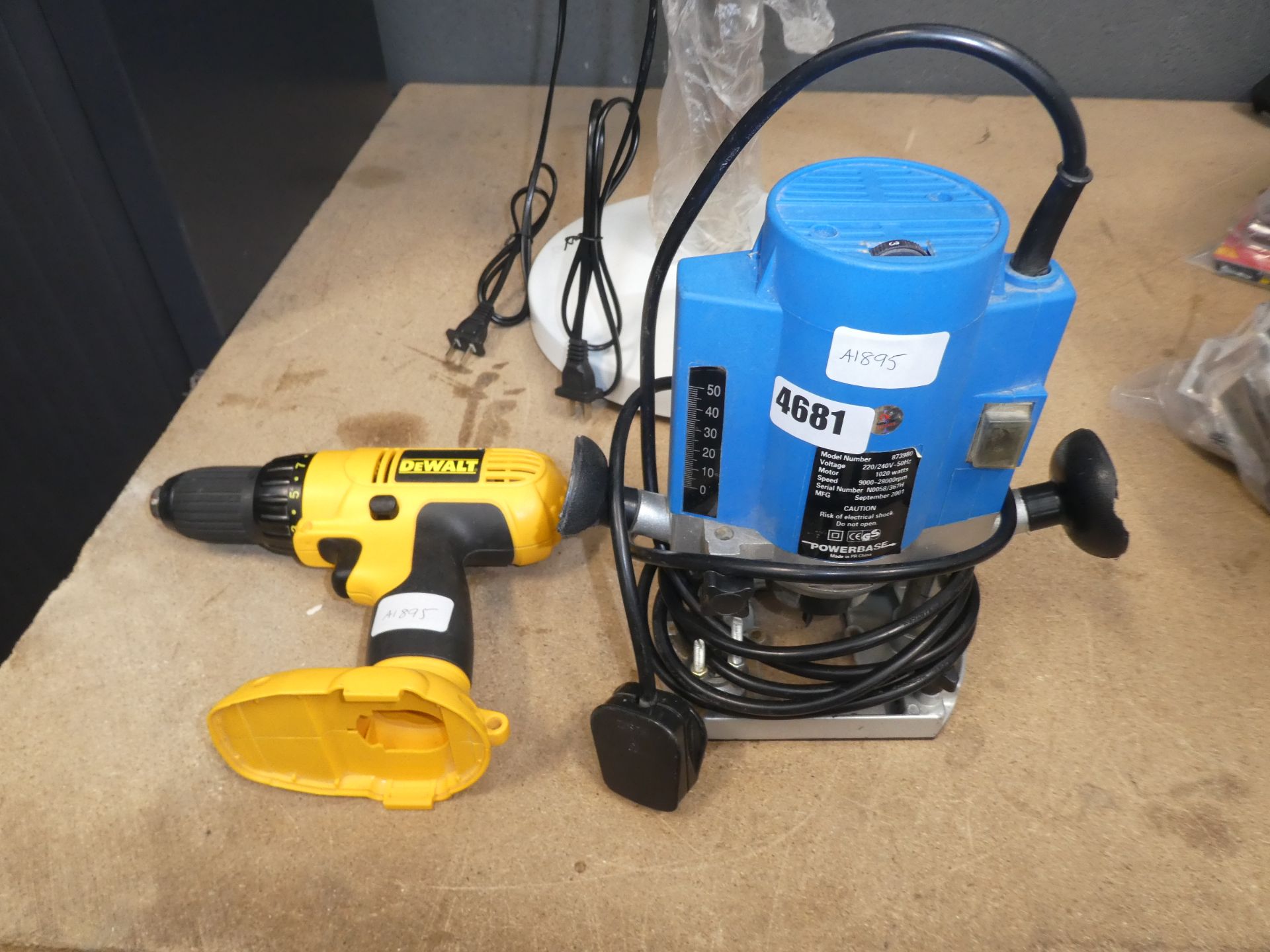 Powerbase router and a DeWalt drill body, no battery or charger