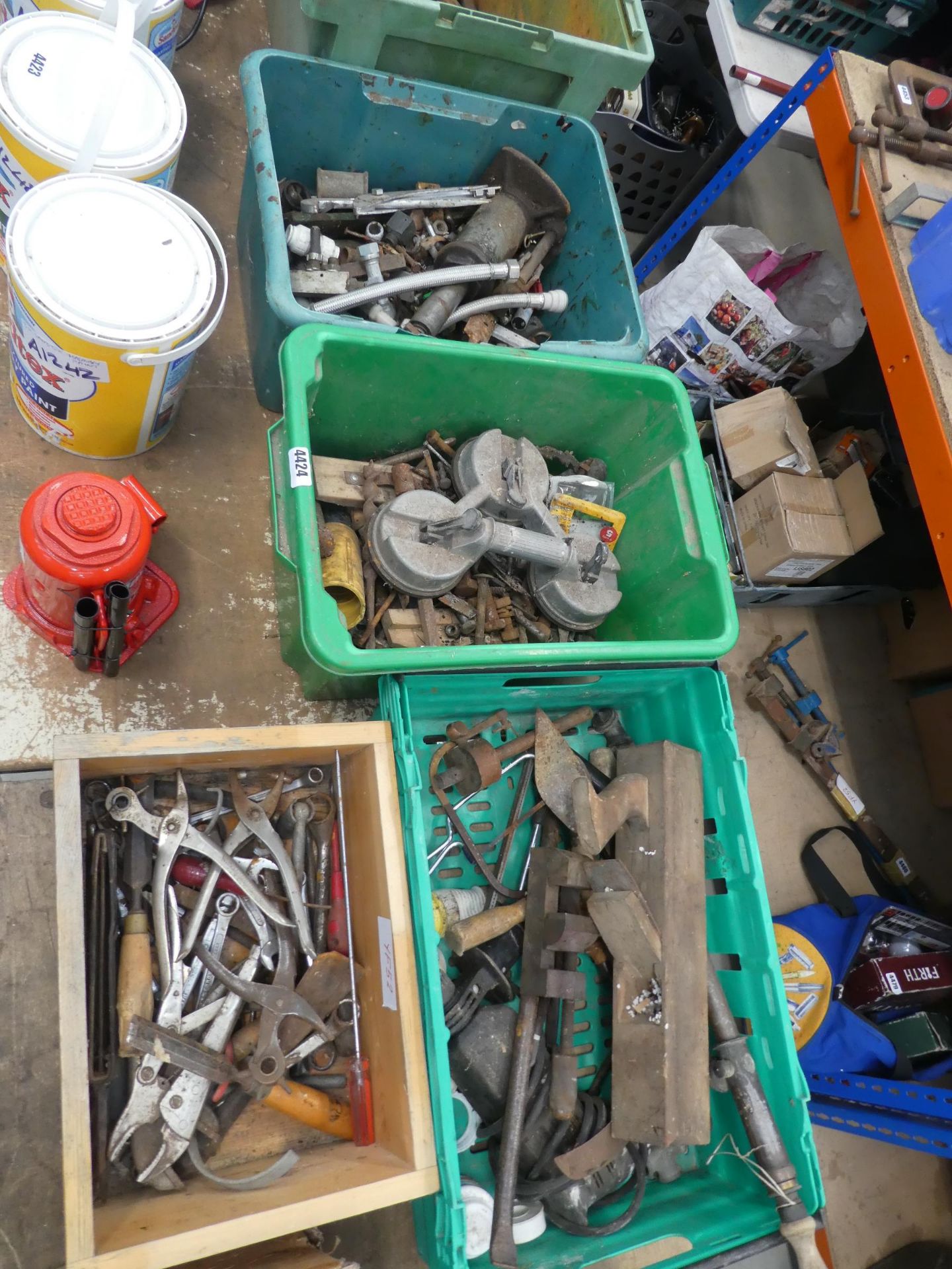 3 plastic and 1 wooden box of mixed tools, bolts, hoses, clamps, nails, etc