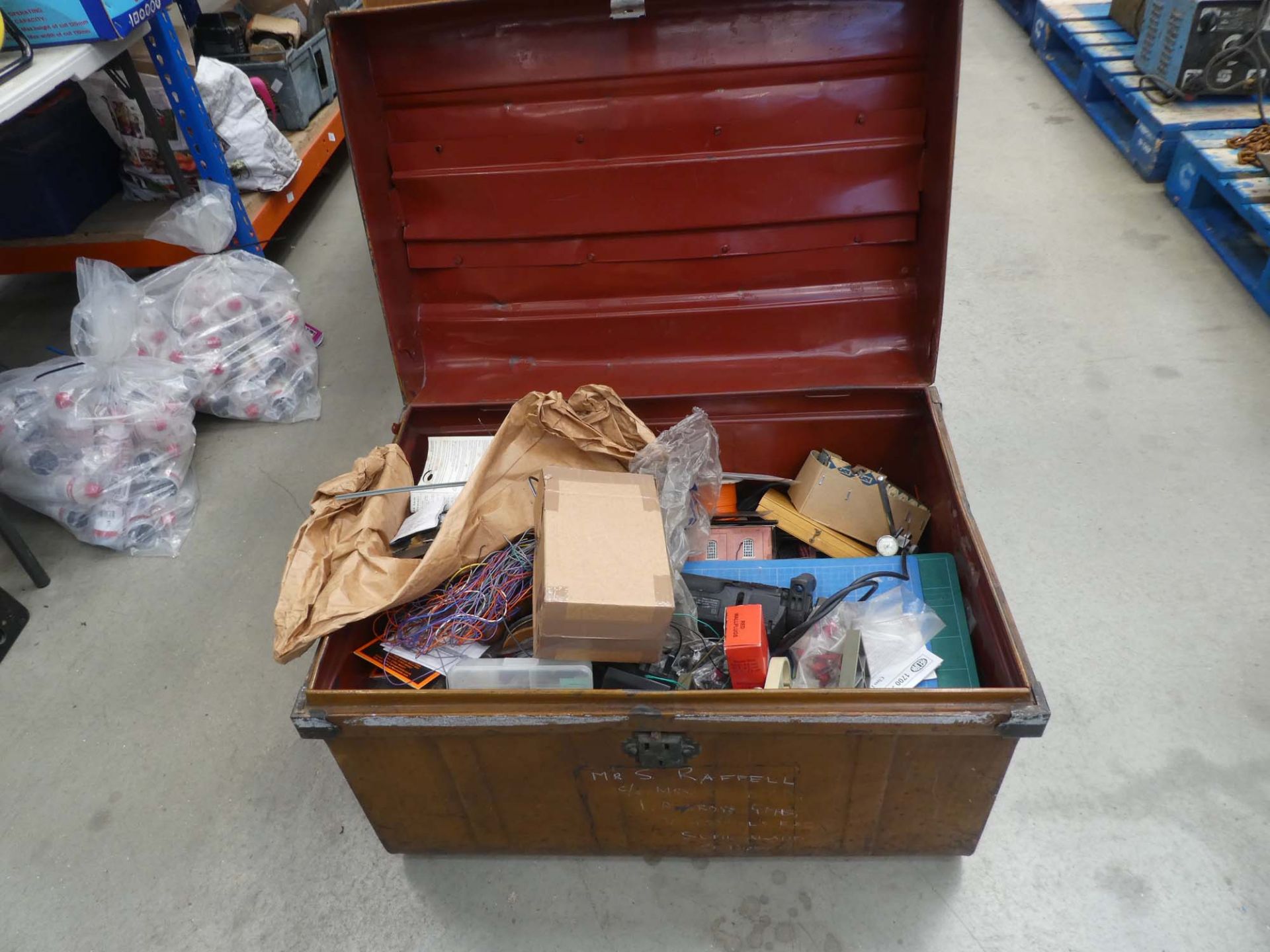 Metal vintage trunk containing various tools, hobby craft items etc