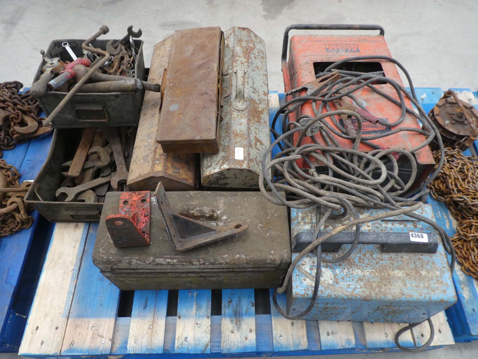 Large pallet of tools, spanners, toolboxes, battery charger, welder etc