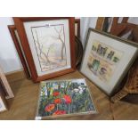 Quantity of prints and paintings incl. meadow flowers, villa facade, autumn trees, country cottage