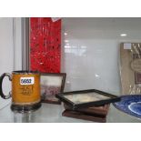 Red glass vase, miniature hunting prints plus a hunting mug