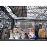 Cage containing ornamental Royal Doulton and other posies, Jasper ware mantle clock, Oriental
