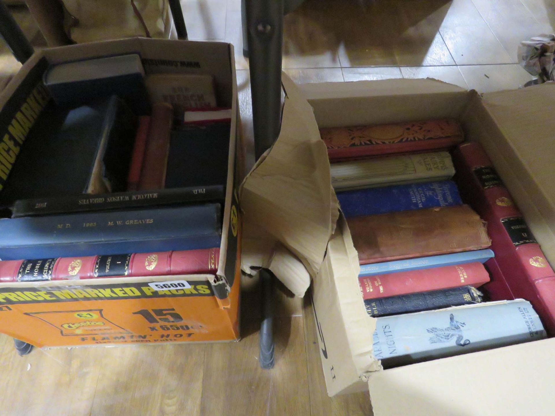 2 boxes containing books incl. Grimms Fairy Tales, Arabian Nights plus Holy Bibles and scientific