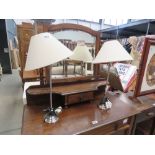 5211 Pair of brushed metal table lamps with beige shades