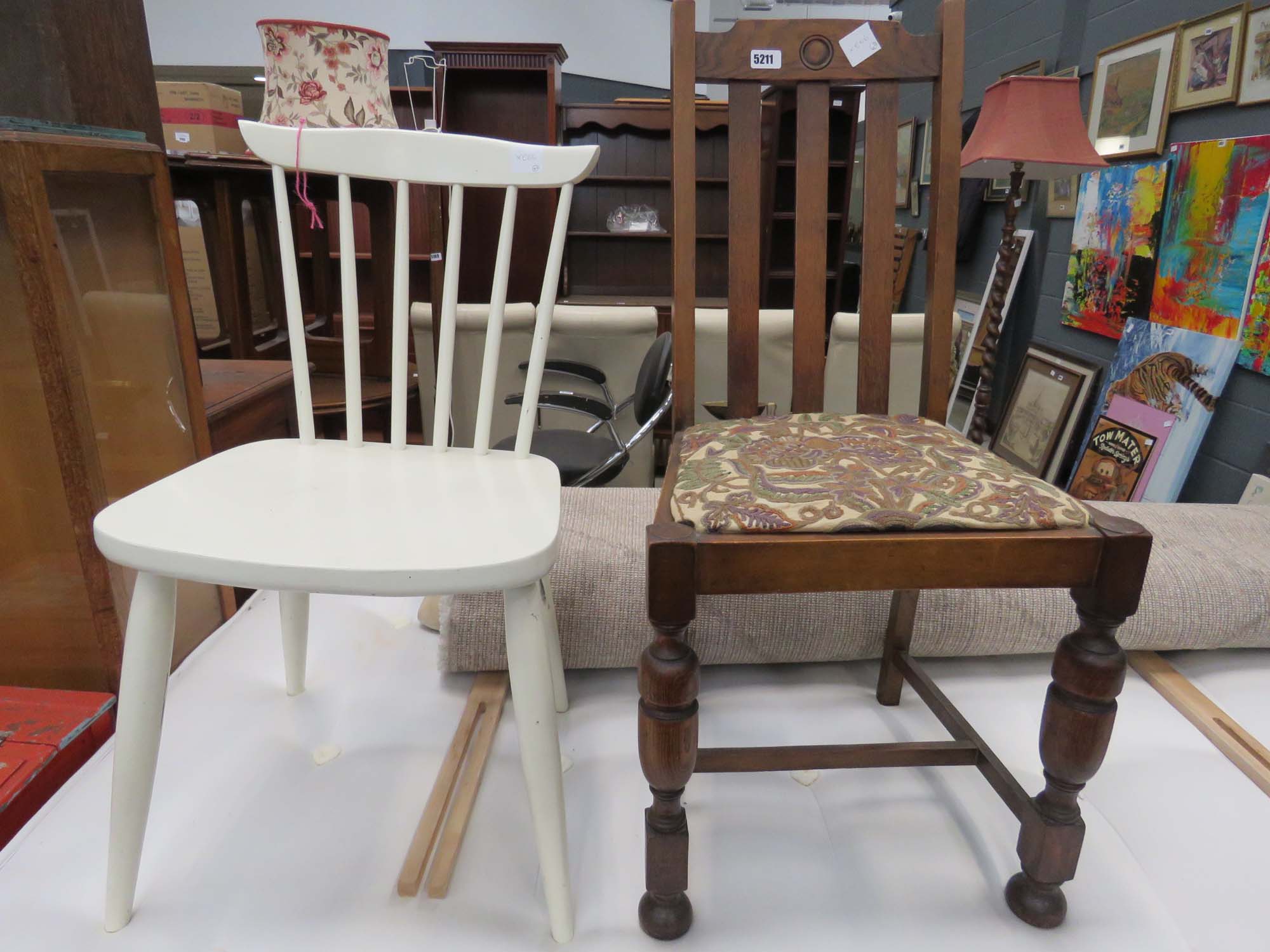(42, 43) Painted stickback chair plus an oak dining chair with drop in seat