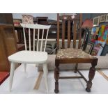 (42, 43) Painted stickback chair plus an oak dining chair with drop in seat