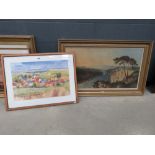 2 prints estuary with ship and country scene with village