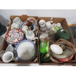 2 boxes containing character jugs, blue and white and other china, jugs, sherry glasses and