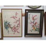 2 Chinese embroideries on silk of cherry blossoms and birds