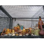 Cage containing Wade Whimsies and other ornamental farmyard animals, glass ware, cruet set and water