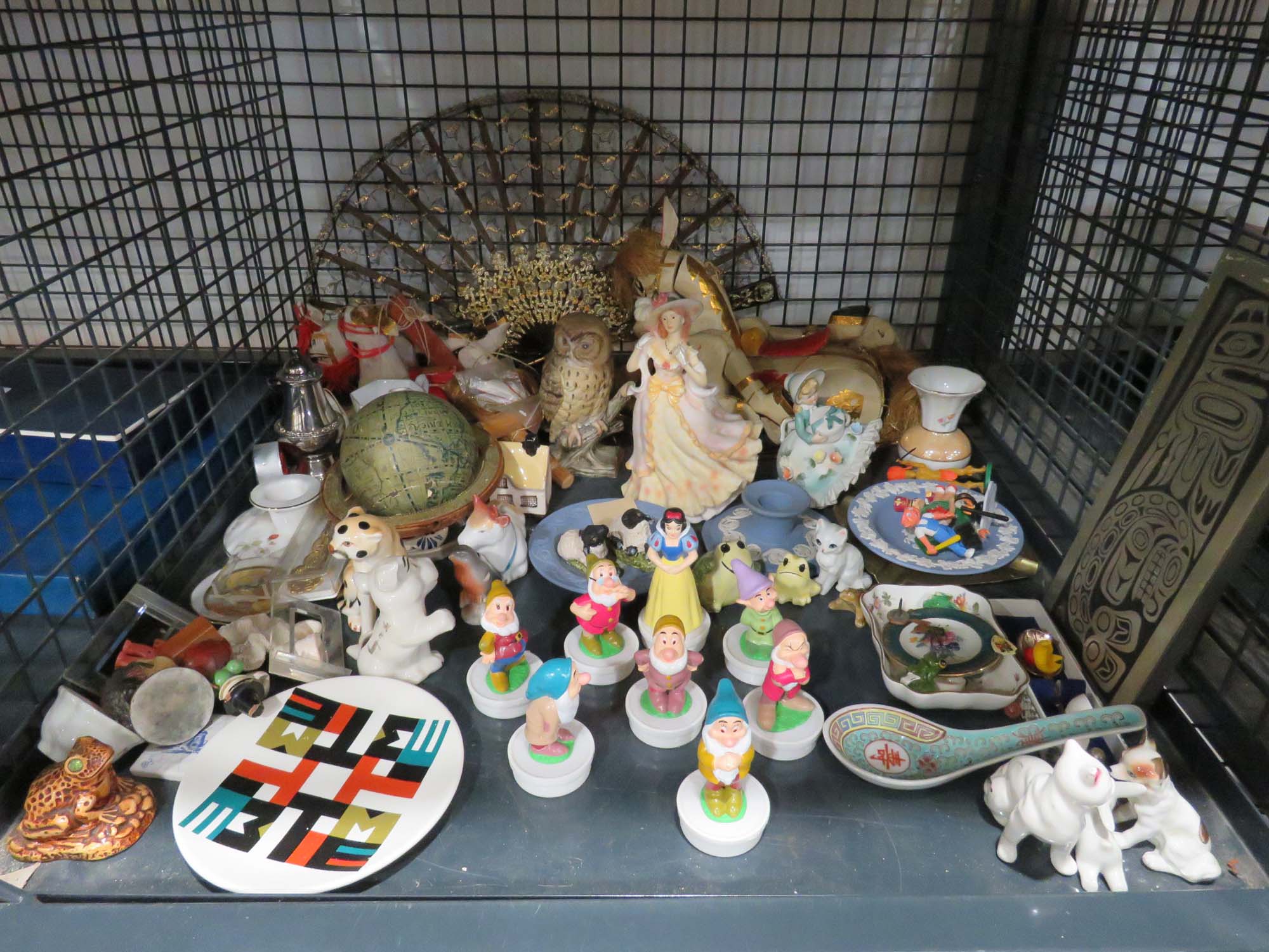 Cage containing Snow White and dwarf figures, Jasper ware, ornamental figures and china