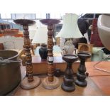 (18) 2 pairs of turned wooden candlesticks