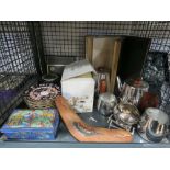 Cage containing Oriental box, ornamental boomerang, Crown Derby style plates, stainless steel tea