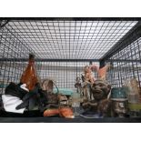 Cage containing money box, gloves, ornamental figures plus silver plate and glass ware