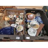 2 boxes containing commemorative ware, ornamental figure, celery glass, general crockery and china