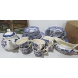 Quantity of blue and white crockery to include soup bowls, pudding bowls, side plates, kettle,