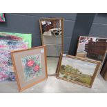 Narrow mirror plus oil on board of country scene with church and a watercolour with flowers