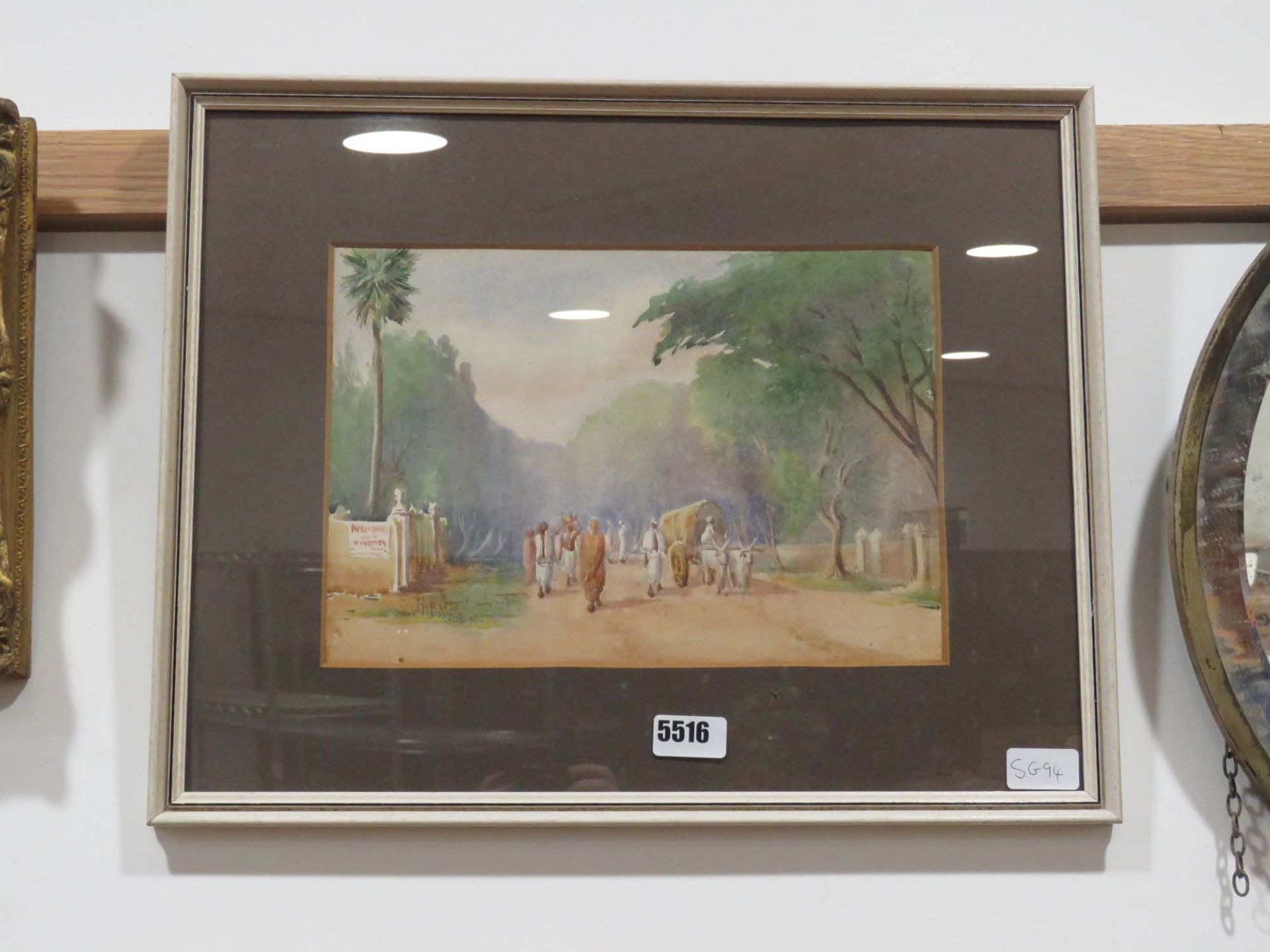 Indian watercolour of cattle cart and figures