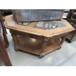 (25) Octagonal beech two tier coffee table with glazed inserts