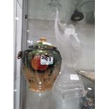 5643 - Lustre glazed biscuit barrel plus a glass figure of a lady