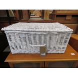 White painted wicker picnic basket