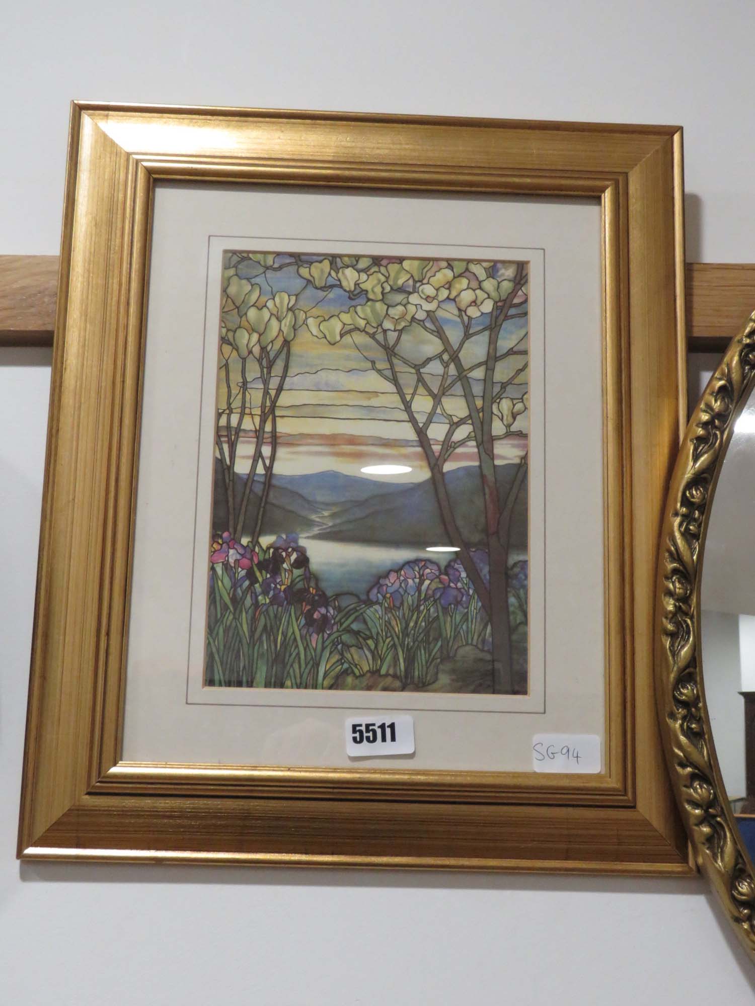 Framed and glazed Tiffany style print of lake and trees