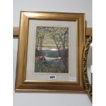 Framed and glazed Tiffany style print of lake and trees