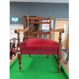 Red upholstered oak armchair, a Victorian balloon back chair plus an Edwardian stick-back chair