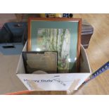 Box containing aircraft themed china plates plus quantity of watercolours and prints