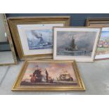 3 maritime prints of gun boats and sailing ships at sea