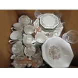 Box containing Eternal Beau crockery plus wine glasses