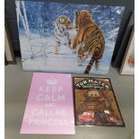 Print of fighting tigers, keep calm wall hanging plus a towmater cars wall hanging