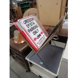 (82) Folding rattan magazine rack plus a quantity of modern painted warning and directional panels