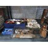 Cage containing crested ware, Neolithic tools, ornamental Dalek, trinkets and china