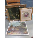 Constable print of flat feathered mule, wall tapestry with flowers and a print of the night watch