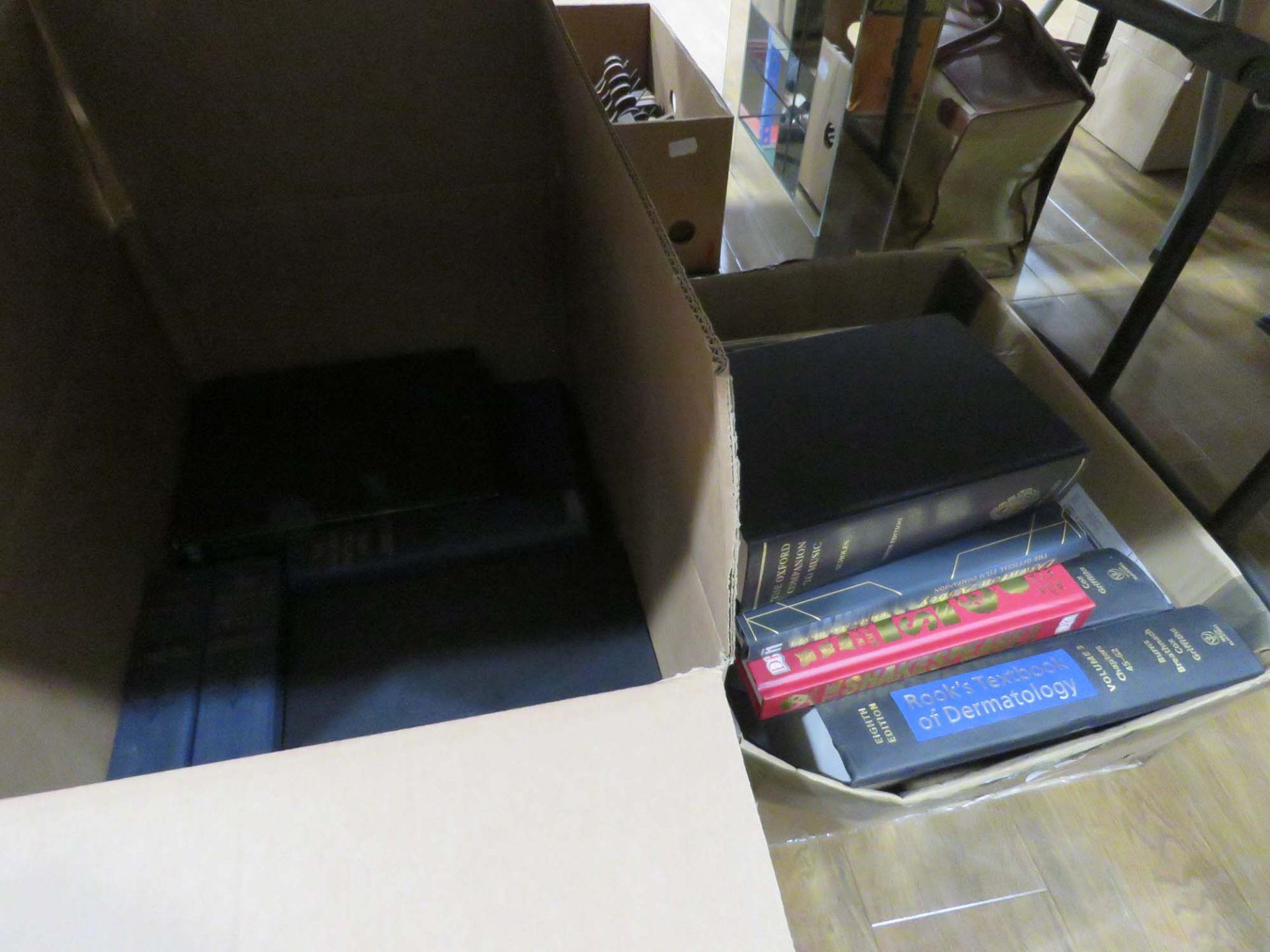 3 boxes containing reference books, childrens books and encyclopedia