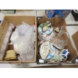 2 boxes containing glass jug, collectors plates, wine glasses, teapot, whiskey decanter and