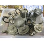 Box containing silver plated kettles and pewter ware