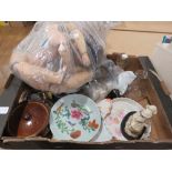 Box containing vintage doll, glassware, china plate, mantle clock and egg cups