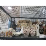 Cage containing commemorative mugs, serving tray, china and ornamental jugs