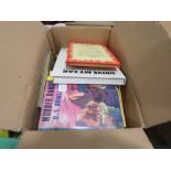 2 bags and box containing Western novels, childrens books and thrillers