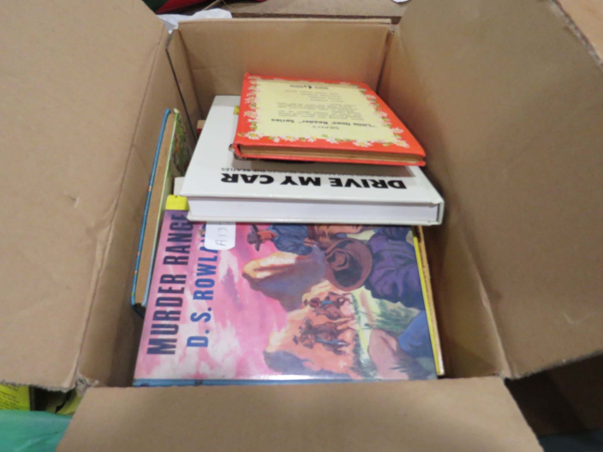 2 bags and box containing Western novels, childrens books and thrillers