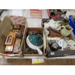 3 boxes containing invalids mug, teapot, commemorative mugs, cribbage boards, African figure,