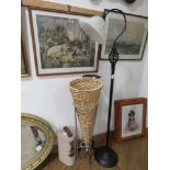 Wrought iron candle stick, floor lamp, wicker basket plus wicker wine case