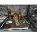 Cage containing AA badges, vintage axe, ornamental badges, hip flask, brass letter slots and